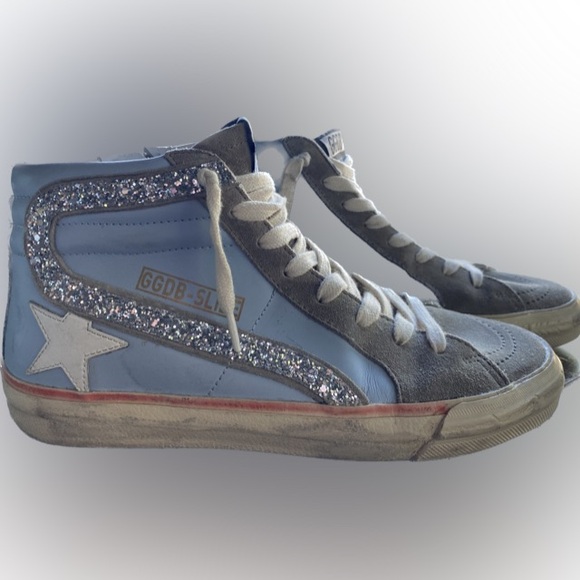 Golden Goose Slide High Top Sneakers in Blue Leather and Gray Suede - Picture 1 of 6